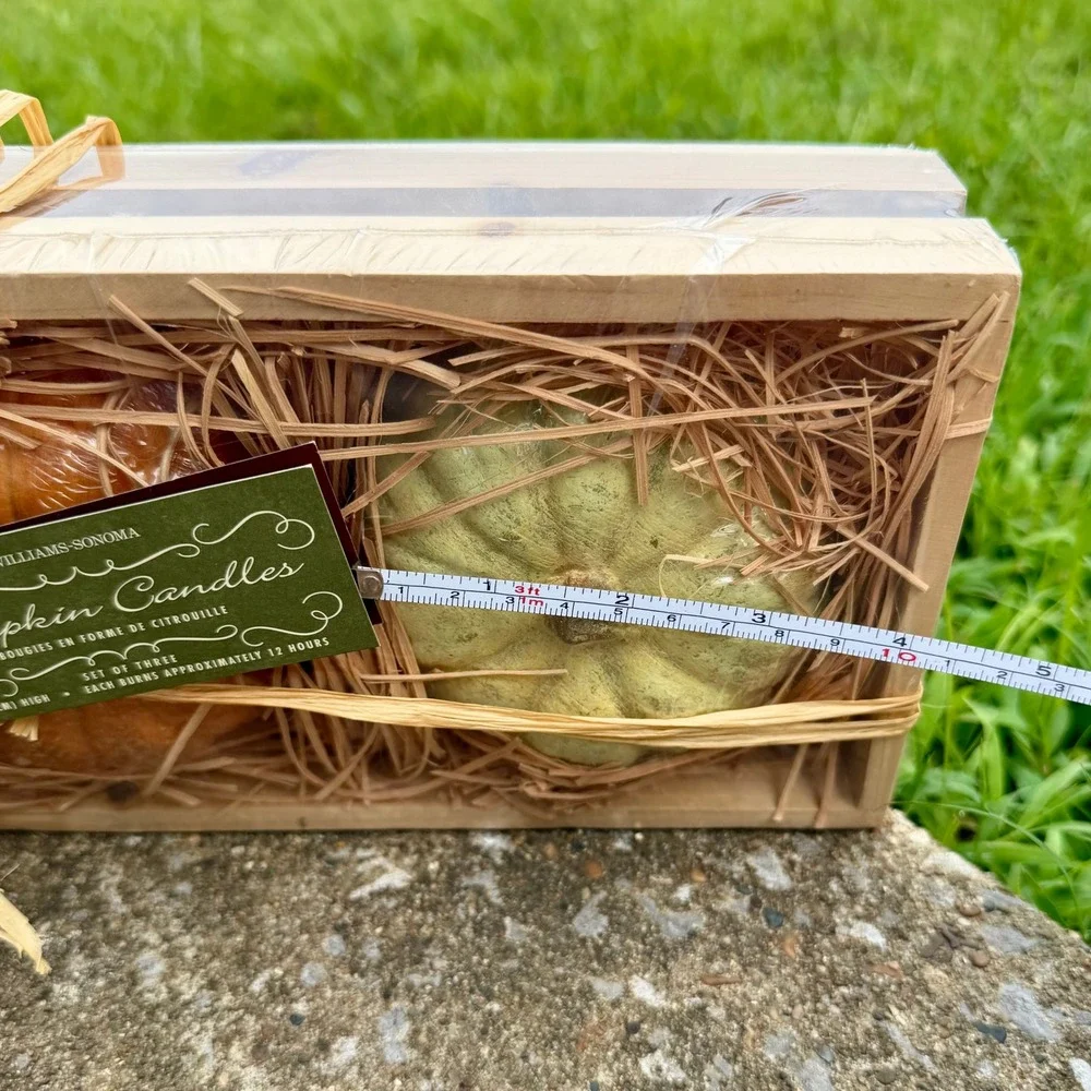Williams Sonoma Pumpkin Candles Set of 3 Fall Decor Wooden Crate New 6996920
